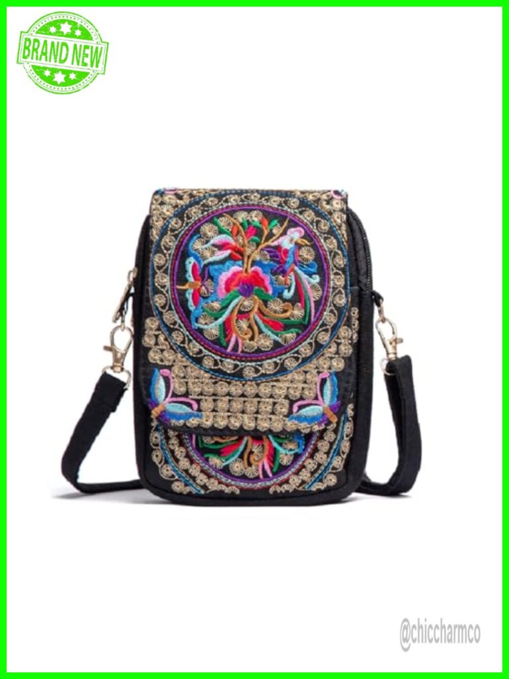 Handmade Embroidered Canvas Crossbody Cell Phone Purse Boho Bag